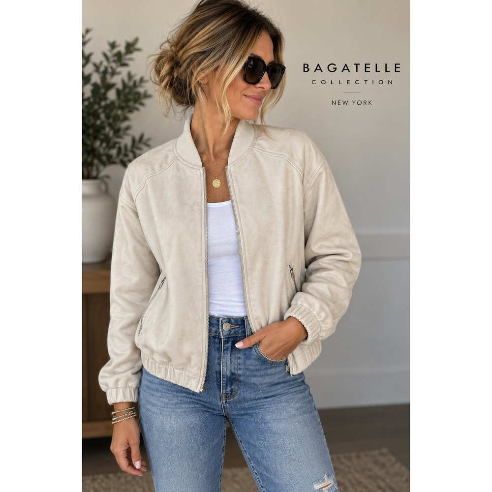 Bagatelle Collection NY Faux Leather Bomber Jacket Cream Beige Small